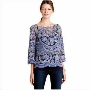 Anthropologie HD in Paris Top Womens Size 6 Montmartre Blue Lace Peasant Top